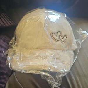 Cream Fuzzy Hat with Heart Design